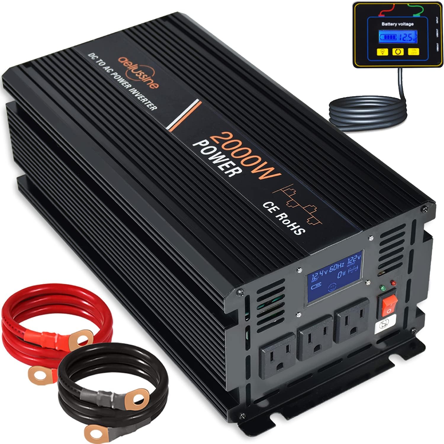 aeliussine 2000w Power Inverter 12v to 110v 120v Modified Sine Wave Power Inverter dc to ac Power Converter 3 ac Outlet (2000W 12V)