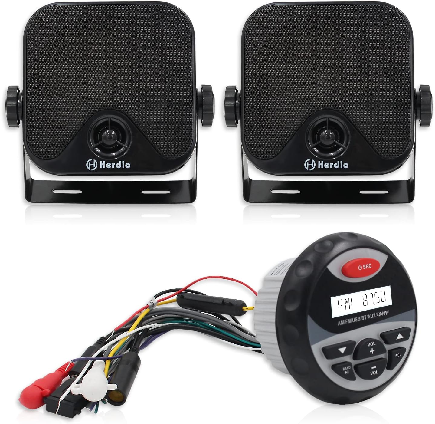Herdio Receiver/Speaker Package, Bluetooth, MP3/USB AM/FM Marine Stereo Bundle for Boat ATV UTV SPA.