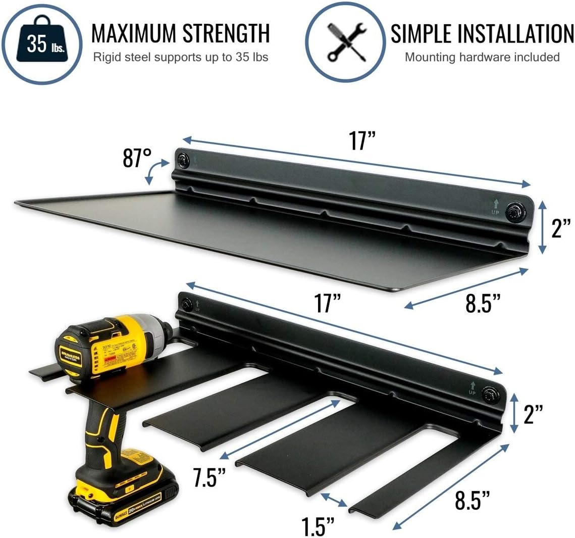 StoreYourBoard Electric Drill Storage Rack with Storage Shelf, Holds 4 Drills & Batteries, Hanging Wall Mounted Organizer for Garage, Home, Workshop, Shed Pack of 2