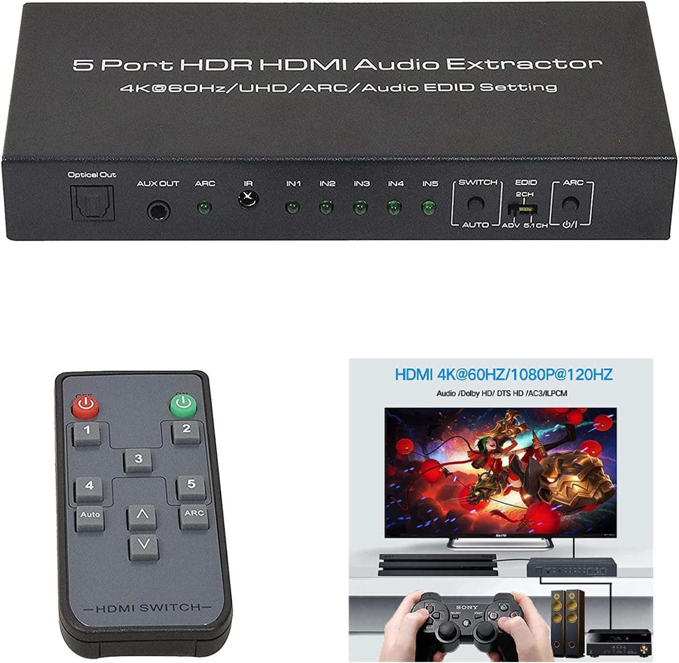 Forfire 4K@60Hz HDMI Splitter 5 in 1 Out, HDMI Switch with Remote Support HDMI 2.0 HDCP 2.2 HDR EDID for Fire Stick 4K HDTV PS4/5 Game Consoles PC Sky Box (White) Pack of 2