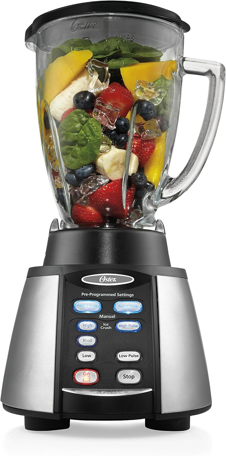 Oster Reverse Crush Counterforms Blender, with 6-Cup Glass Jar, 7-Speed Settings and Brushed Stainless Steel/Black Finish - BVCB07-Z00-NP0
