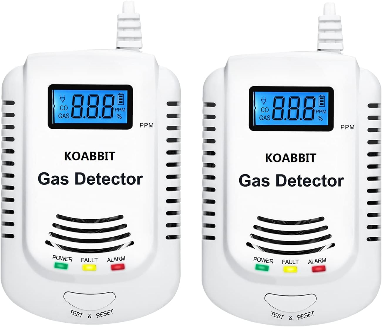 Plug-in Carbon Monoxide Detector and Natural Gas Detector Alarm by Koabbit,Combination 2-in-1 Co Detector and Combustible Gas Detector,Propane,LPG,Gas Leak Detector for Kitchen/Home,UL2034 (2 Pack) Pack of 2