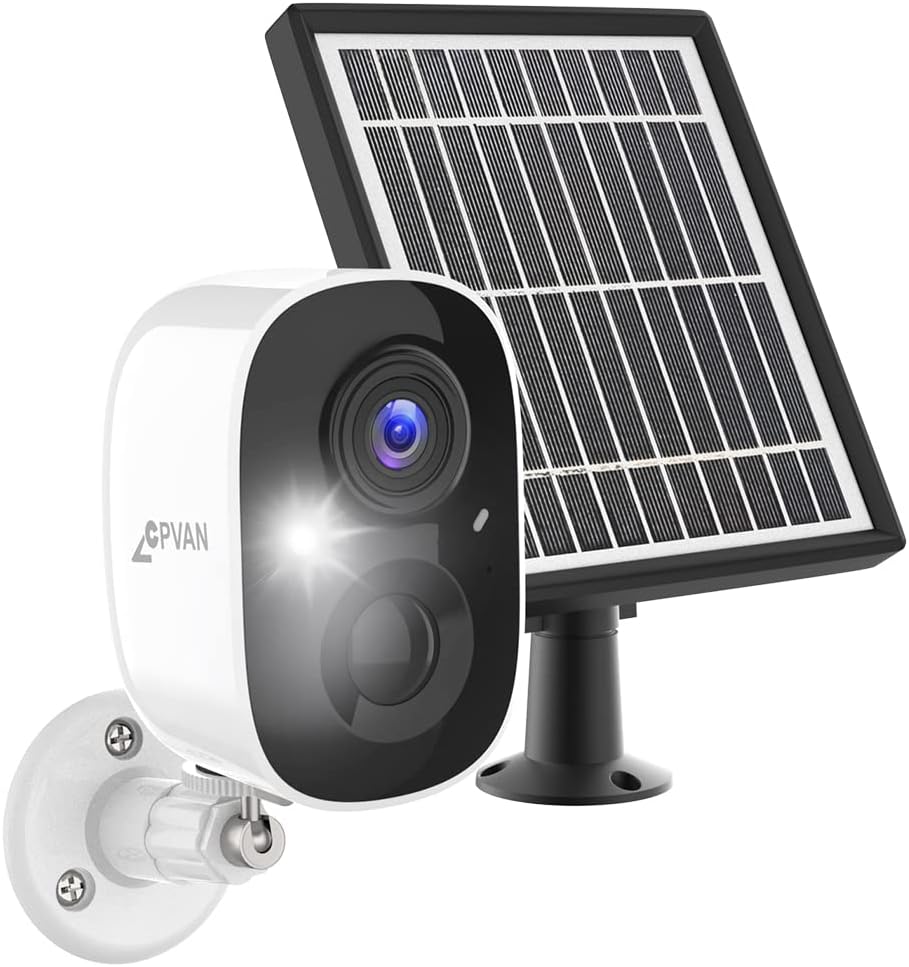 CPVAN Outdoor Security Camera Wireless with Solar Panel, 1080P HD CCTV Camera, Rechargeable Battery Powered, Color Night Vision with Spotlight, AI PIR Motion Detection, Activity Zone, IP65 Waterproof.