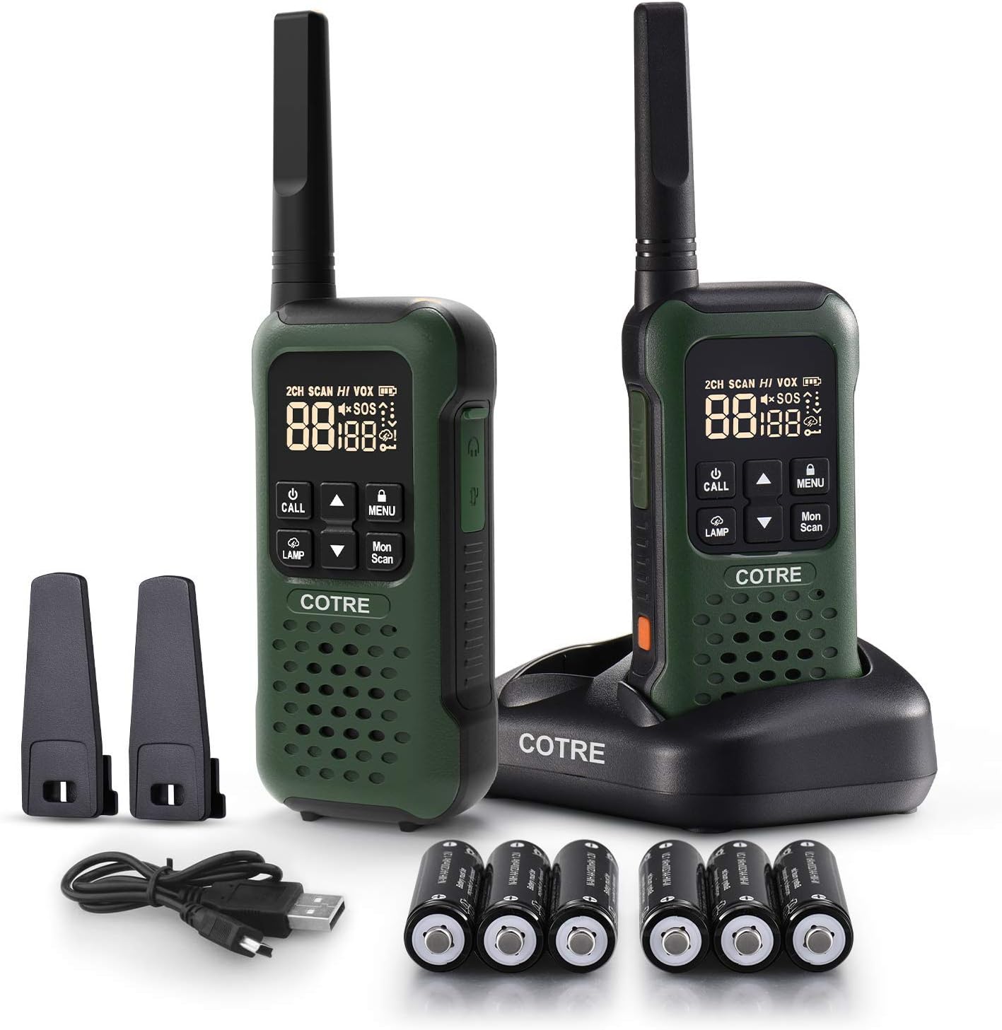 Walkie Talkies - COTRE Two Way Radios for Adults, 2W, 5 Miles Suburban Transmission Distance USB Rechargeable Walkie Talkies/ 2662 Channels, IP67 Waterproof, SOS & VOX, Army Green (2 Pack, Old)