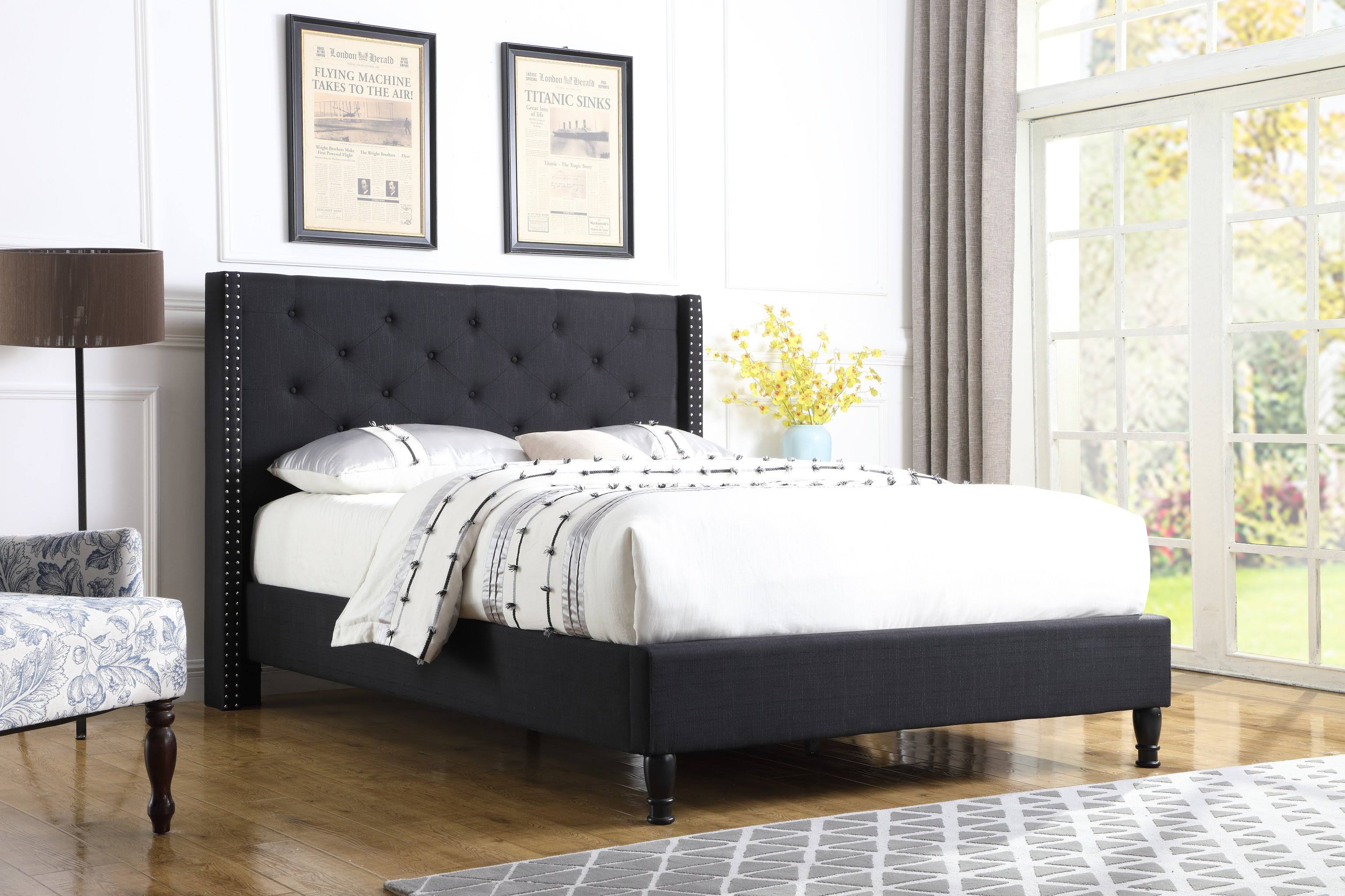 Homelife 51x22 Black Linen Headboard u0026 Platform Bed Full