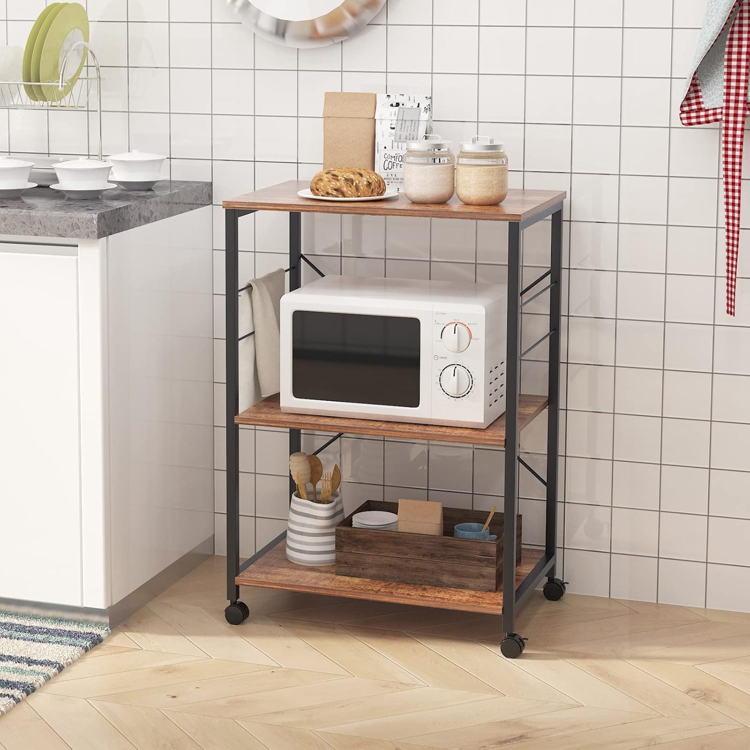 SogesHome 3-Tier Kitchen Microwave Cart with Wheel, Rolling Baker's Rack Cart Utility Storage Shelf, Microwave Cart Bar Cart for Spices, Pots, and Pans,