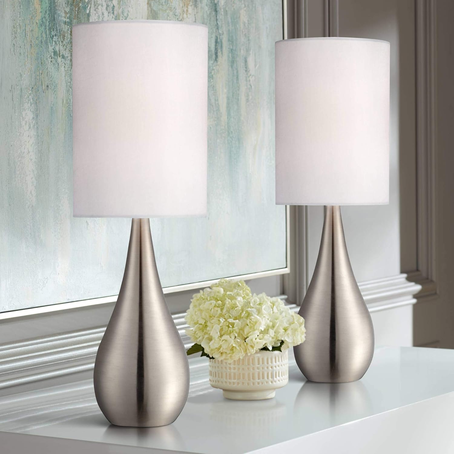 Evans Modern Contemporary Accent Table Lamps Set of 2 Brushed Nickel Metal Teardrop White Cylinder Shade for Living Room Bedroom House Bedside Nightstand Home Office Family - 360 Lighting