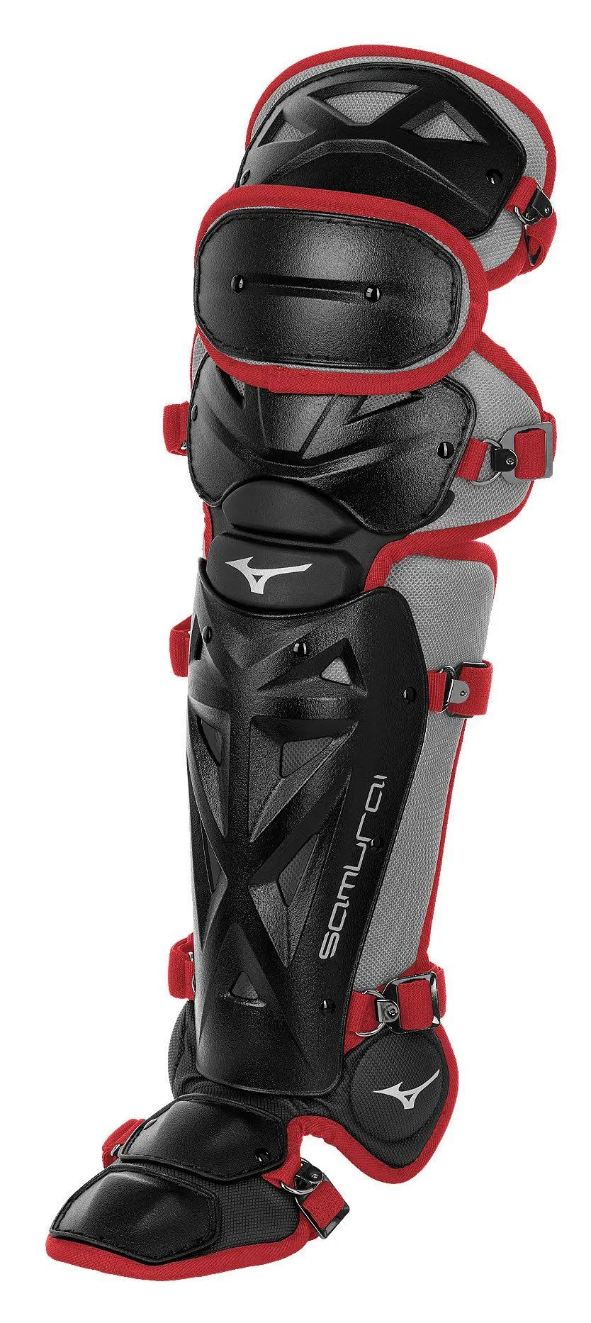 Mizuno Samurai Youth Baseball Shin Guards 14.5x22 Black/Cardinal, 380383.9012.01.0000