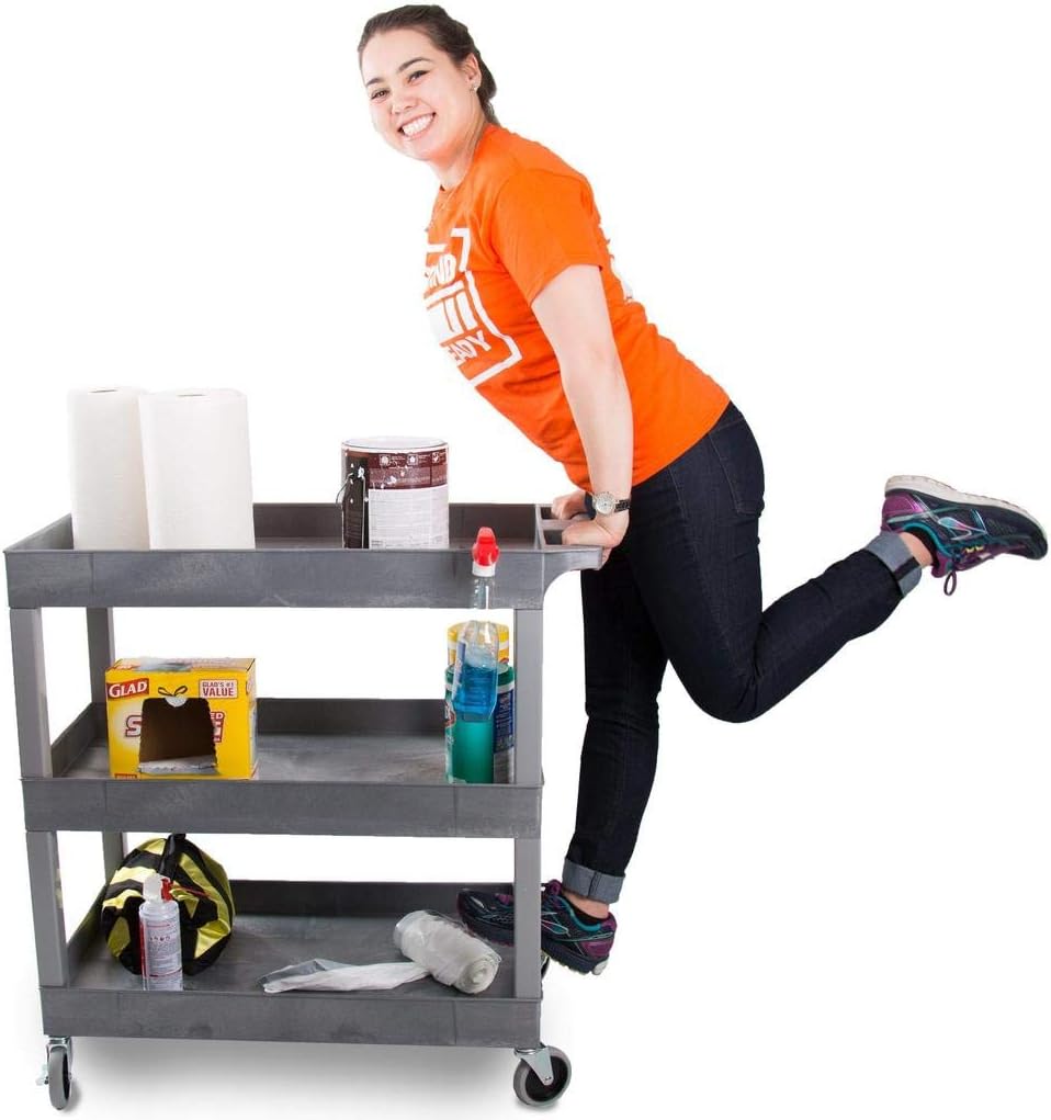 Stand Steady Tubstr 3 Shelf Utility Cart | Heavy Duty Service Cart Supports Up to 400 lbs | Tub Cart with Deep Shelves | Great for Warehouse, Garage, Cleaning, Office & More (32 x 18 / Black)
