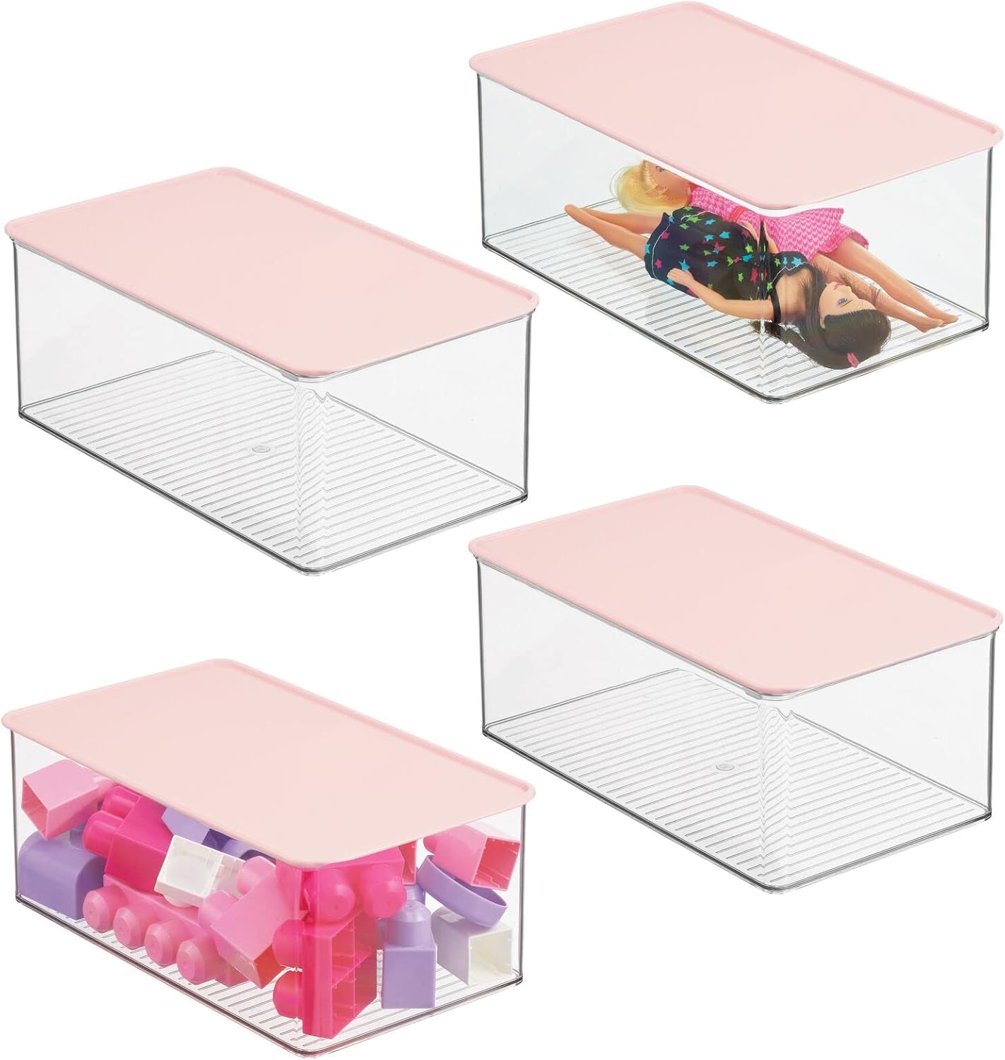 mDesign Playroom Stackable Plastic Storage Box with Lid for Organizing Baby/Child's/Kids Toys, Action Figures, Crayons, Markers, Blocks, Puzzles, Crafts, Crayons, Dog/Cat Toy Box, 4 Pack - Clear/Pink Pack of 2