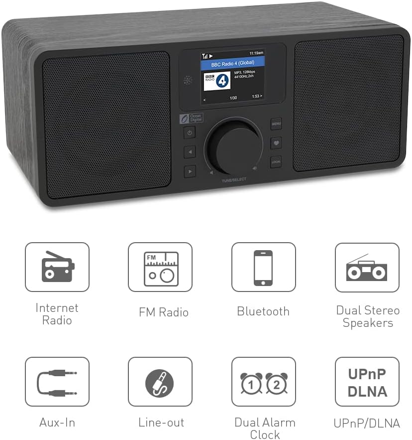 Ocean Digital WiFi/FM Internet Radio WR230SF Alarm Clock Radio with Bluetooth Receiver, Stereo Speakers, 30,000+ Stations, 2.4