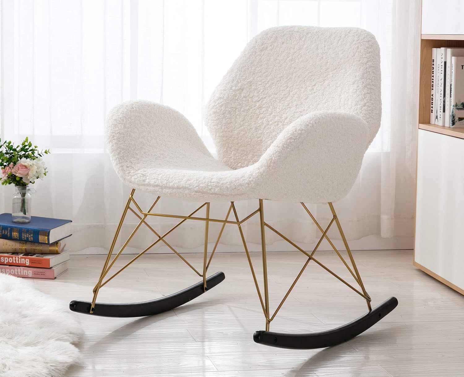 Chairus Modern Rocking Chair Living Room Accent Chair Lamb Wool Armchair Single Sofa Chair with Solid Wood Legs for Playroom, Bedroom and Small Space, White