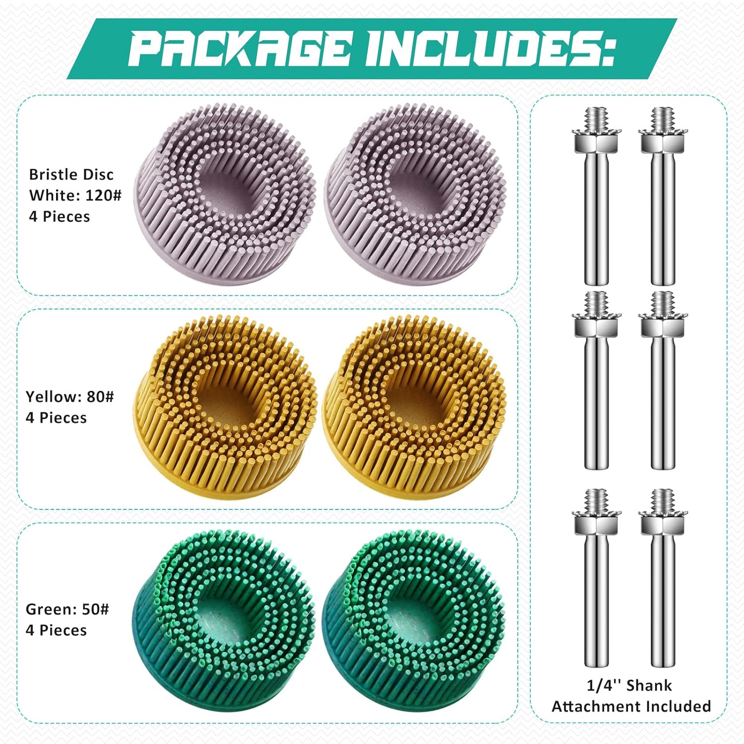 12 Pieces 2 Inch Bristle Disc Grits, 120# 80# 50# Abrasive Bristle Disc with 1/4 Inch Shank Attachment, White Green Yellow Gasket Coating Removal Disc for Metal Pack of 2