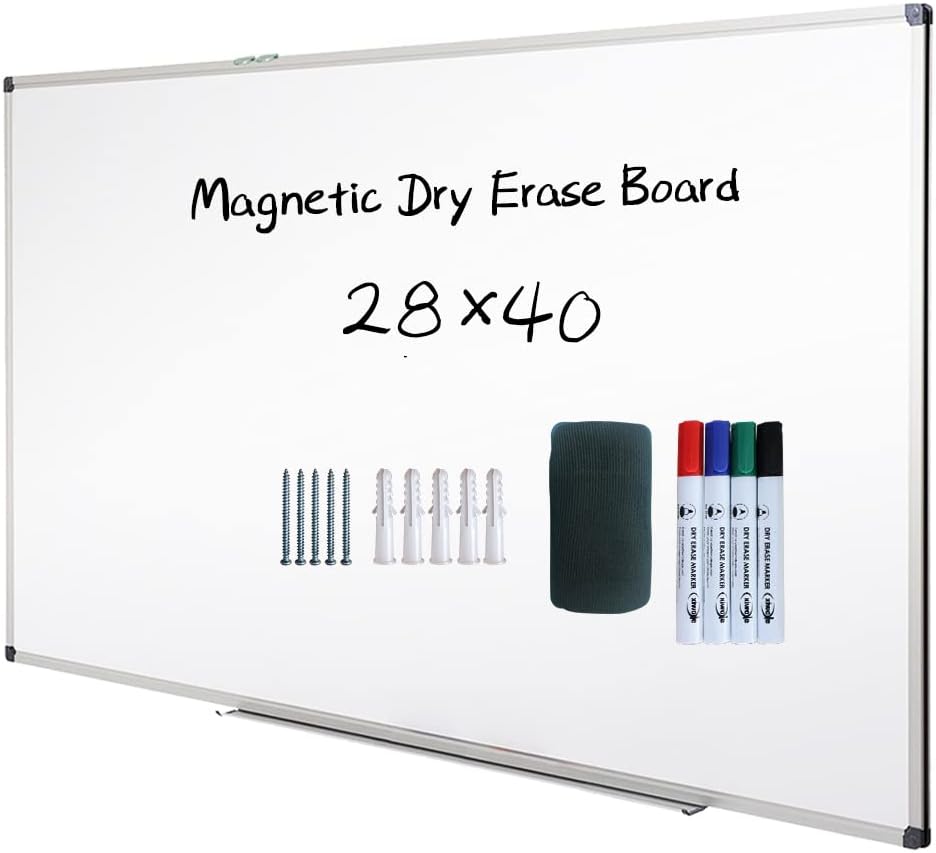 Magnetic Dry Erase Board, Whiteboard, Wall Mounted, 40 x 28 Inch, White Board, Silver Aluminium Framed with Lacquered Steel Surface