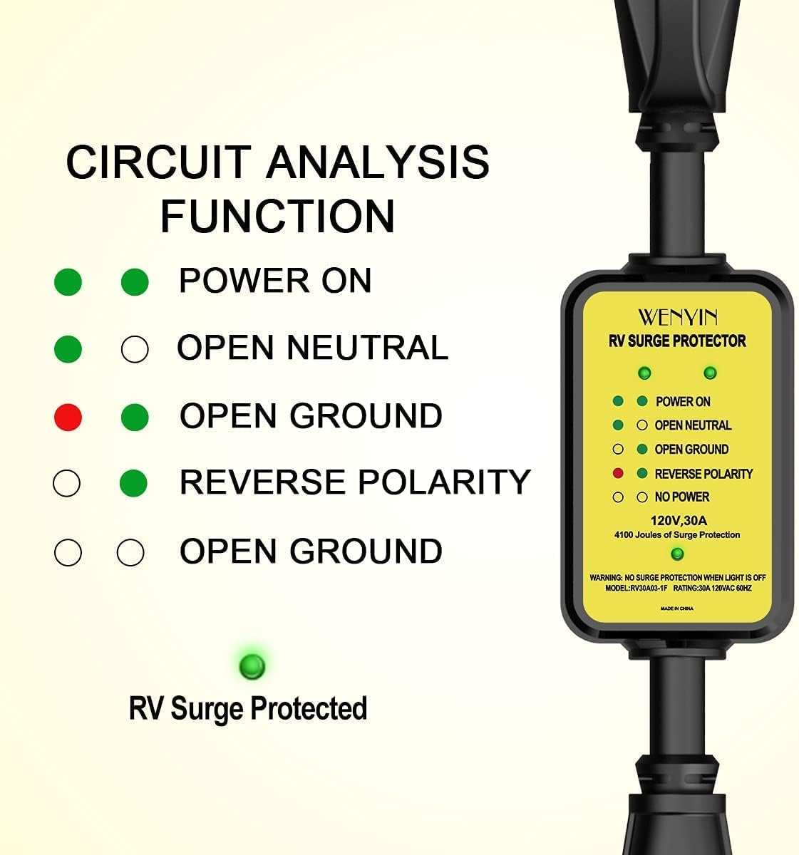 WENYIN rv Surge Protector 30 amp, rv Circuit Analyzer with LED Indicator Light，Surge Protection(4100 Joules), Designed with Easy to Use Handles Pack of 2