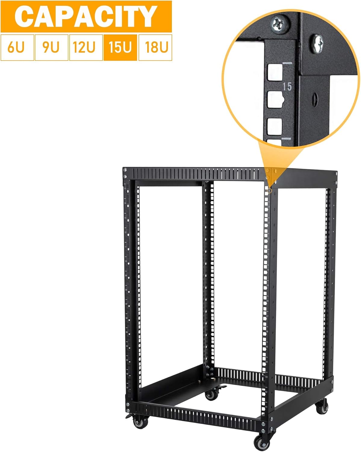RIVECO 15U Server Rack Open Frame with Wheels- 19-inch 4 Post Quick Assembly AV Rack Network Heavy Duty Durable Black