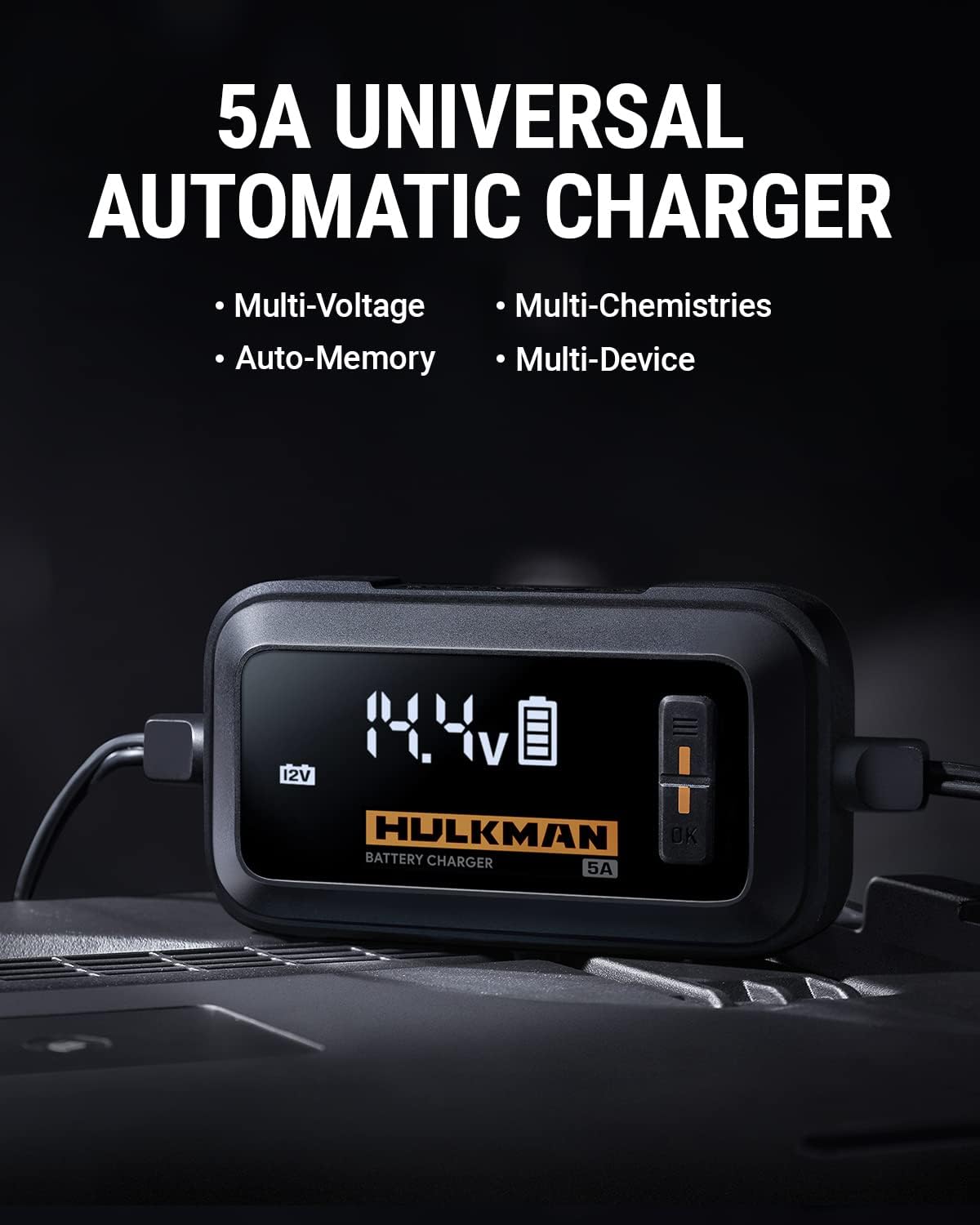 HULKMAN Sigma 5 Amp All-Around AI Car Battery Charger and Maintainer for 6V/12V Battery with LED Screen Trickle Charger and Desulfator for Lead-Acid and Lithium-ion Battery for Car SUV and More