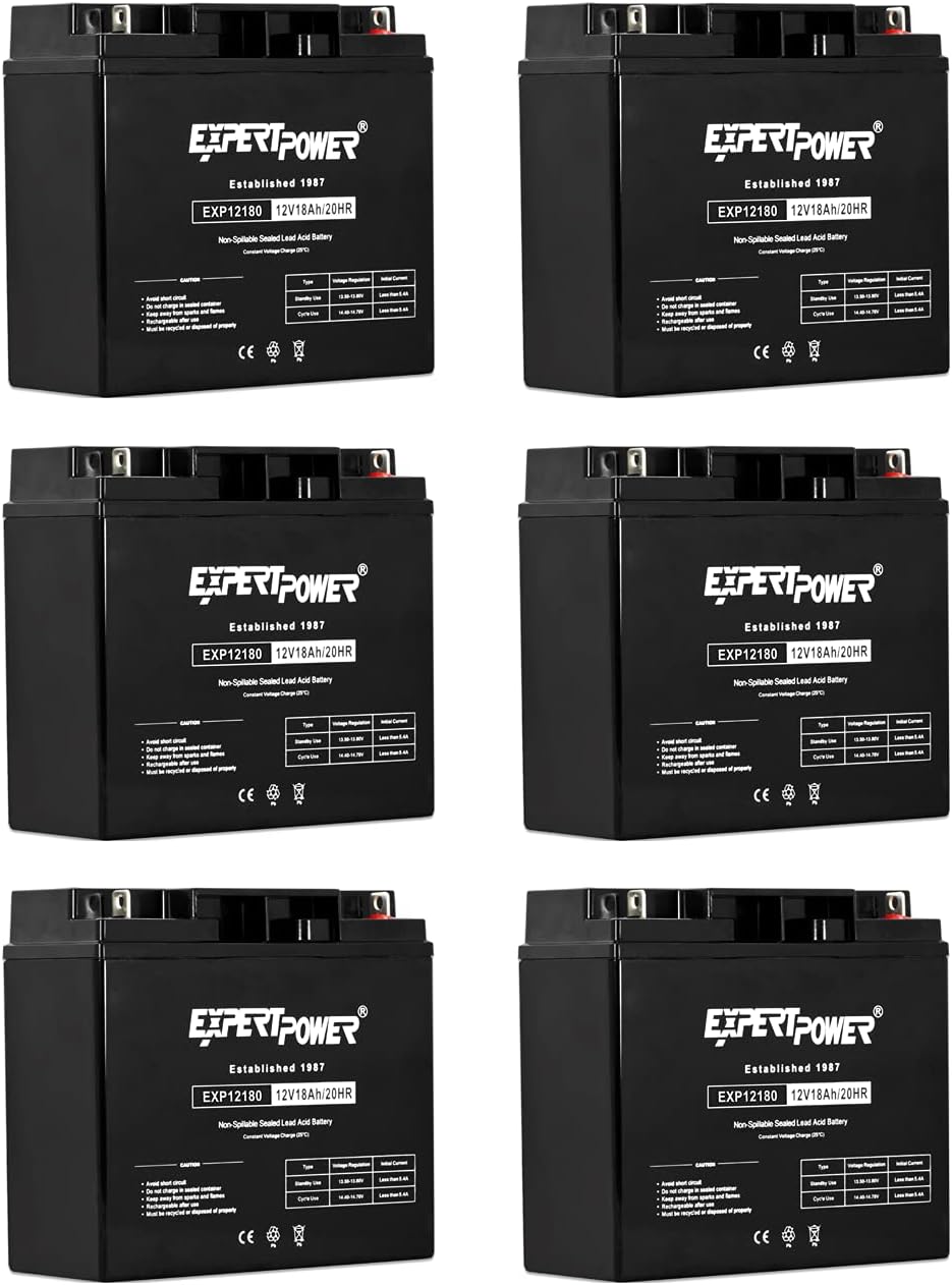 6 Pack ExpertPower 12 Volt 18 Ah Rechargeable Battery with Nuts & Bolts Included || EXP12180