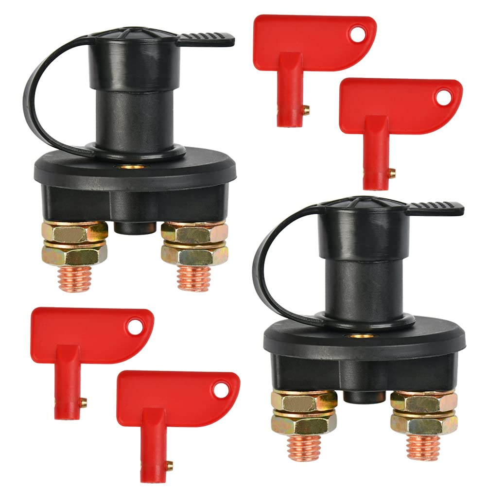 2Pcs Battery Disconnect Switch, 12V 24V Battery Kill Switch 50-400A Battery Isolator Disconnector Cut Off Power Kill Switch with Waterproof Key & Cover for Marine Car Boat RV ATV Auto Truck Vehicles Pack of 2