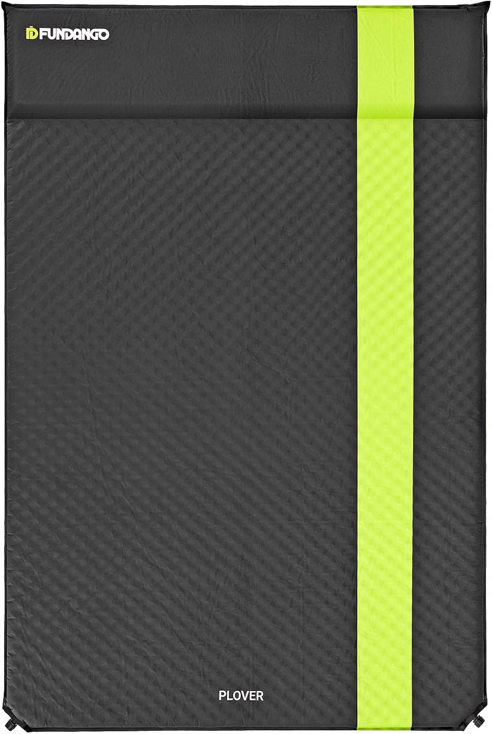 FUNDANGO Double Self Inflating Camping Sleeping Pad with Pillow (78 &times; 51.2 inch), Portable Lightweight Large Self Inflatable Foam Air Mattress for 2 Person, Couples, Two Adults, Waterproof, Black