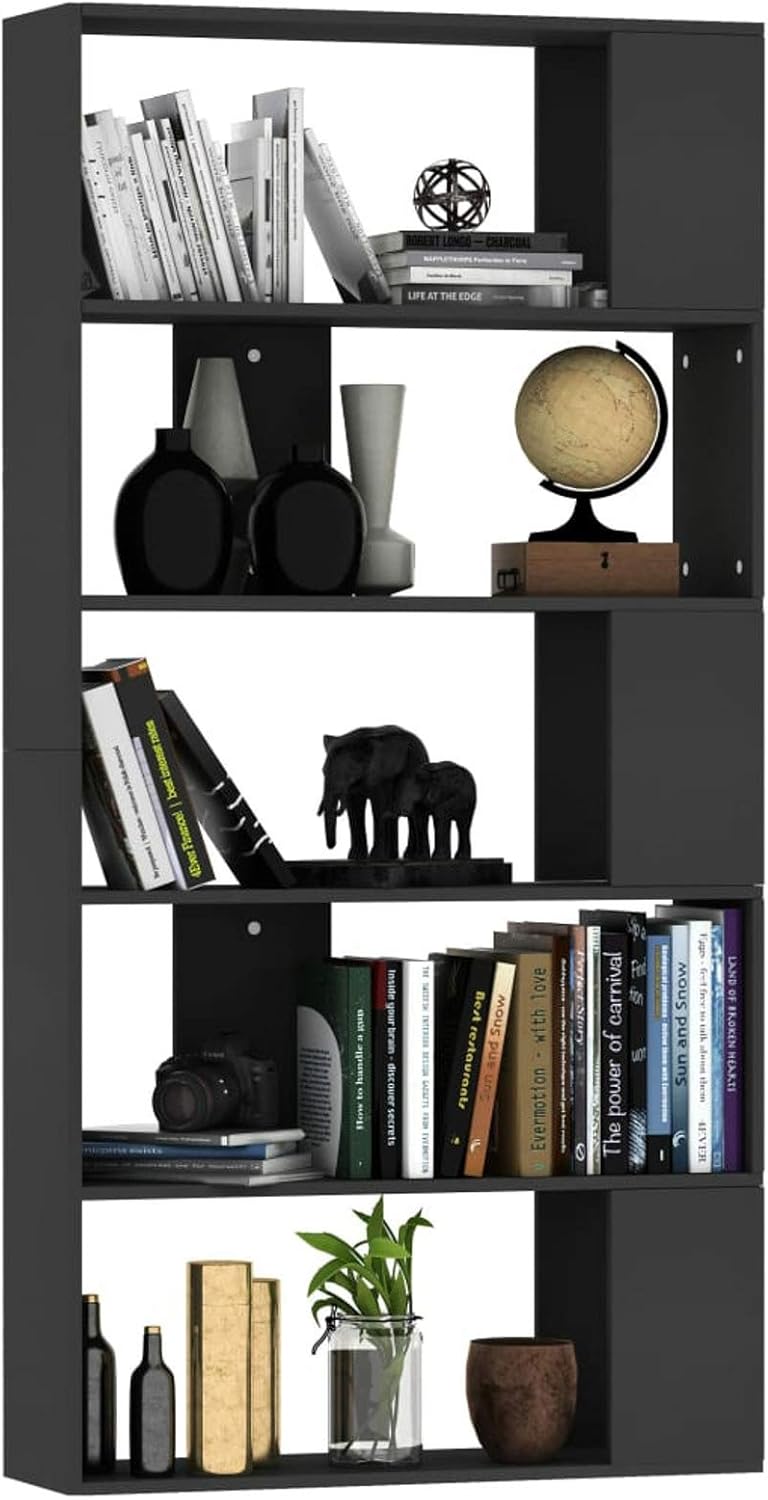 Tidyard 5 Compartments Bookcase Organizer Storage Shelves Collectables Display Cabinet Book Rack Chipboard Room Divider Black for Living Room Home Furniture 31.5 x 9.4 x 62.6 Inches (W x D x H)