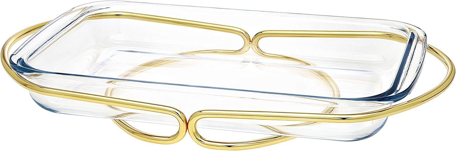 Oven to Table Glass Rectangular Baker, Warmer, Serving Piece with Woven Gold Base - 3 QT Pack of 2