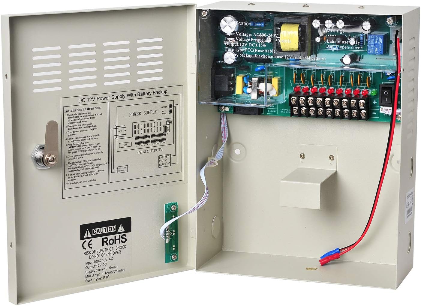 EVERSECU 9 Channel 12V 5Amp DC Metal Boxed Cabinet Regulated UPS Power Supply Unit with Backup Battery Link for Burglar Alarms CCTV Cameras PTZ Access Control (Battery Not Included) Pack of 2