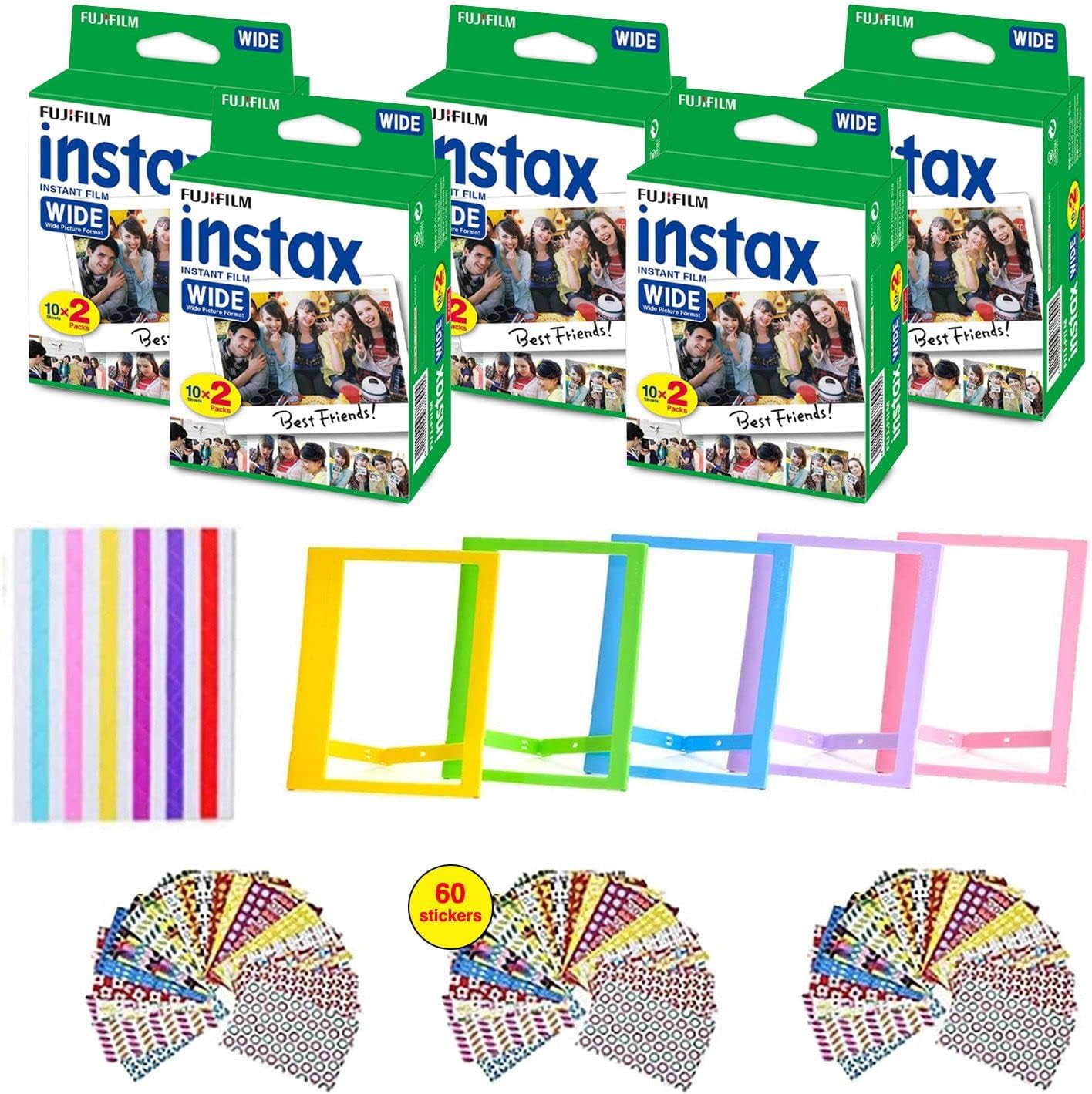 Fujifilm Instax Wide Instant Film (3 Pack, 60 Sheets) 5 Plastic Desk Frames + 60 Sticker Frames + 1 Pack Corner Stickers Pack of 2