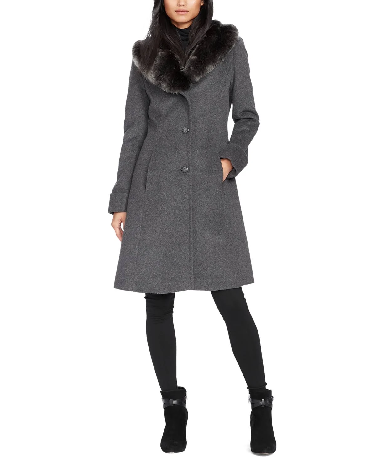 Lauren Ralph Lauren Faux Fur&ndash;Trim Wool-Blend Coat, Created for Macy&s - DF Grey