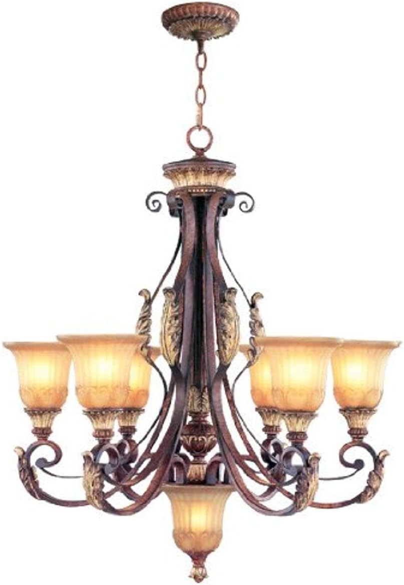 Livex Lighting 8576-63 Villa Verona 6 Light Verona Bronze Finish Chandelier with Aged Gold Leaf Accents and Rustic Art Glass