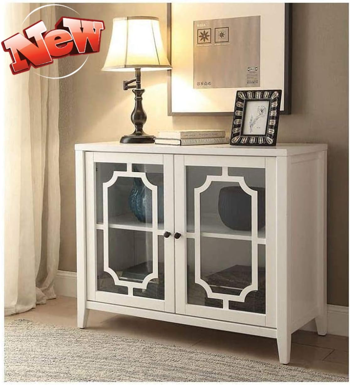 Aooppec Stronger & More Durable Retro Sideboard Buffet Storage Cabinet, Thicken Wood Accent Cabinets Console Table with 2 Glass Doors and 1 Shelf, Display Cabinet for Living Room (White)