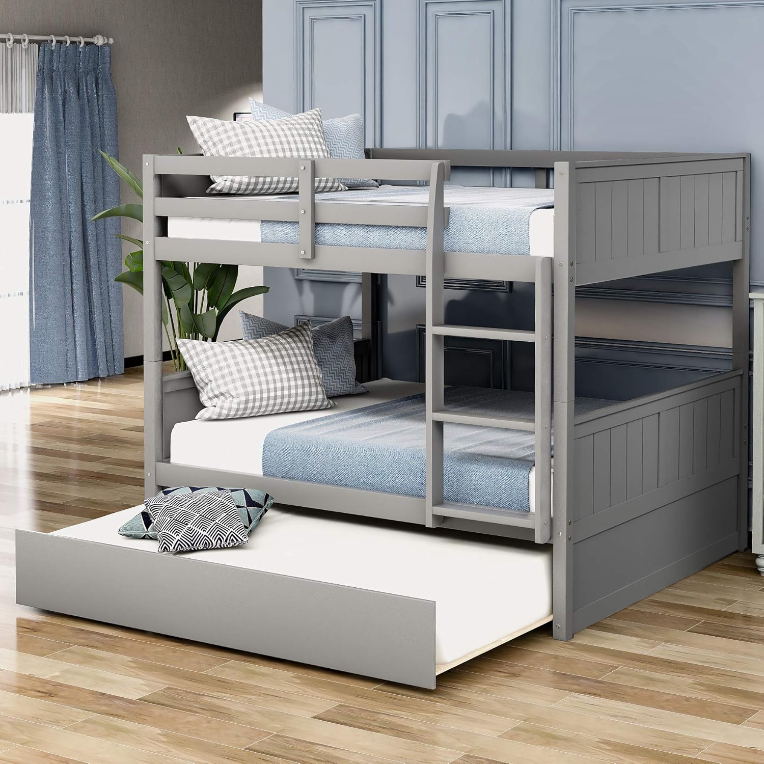 Full Over Full Bunk Bed for Kids Teens, Detachable Wood Full Bunk Bed Frame with Trundle (New-White)