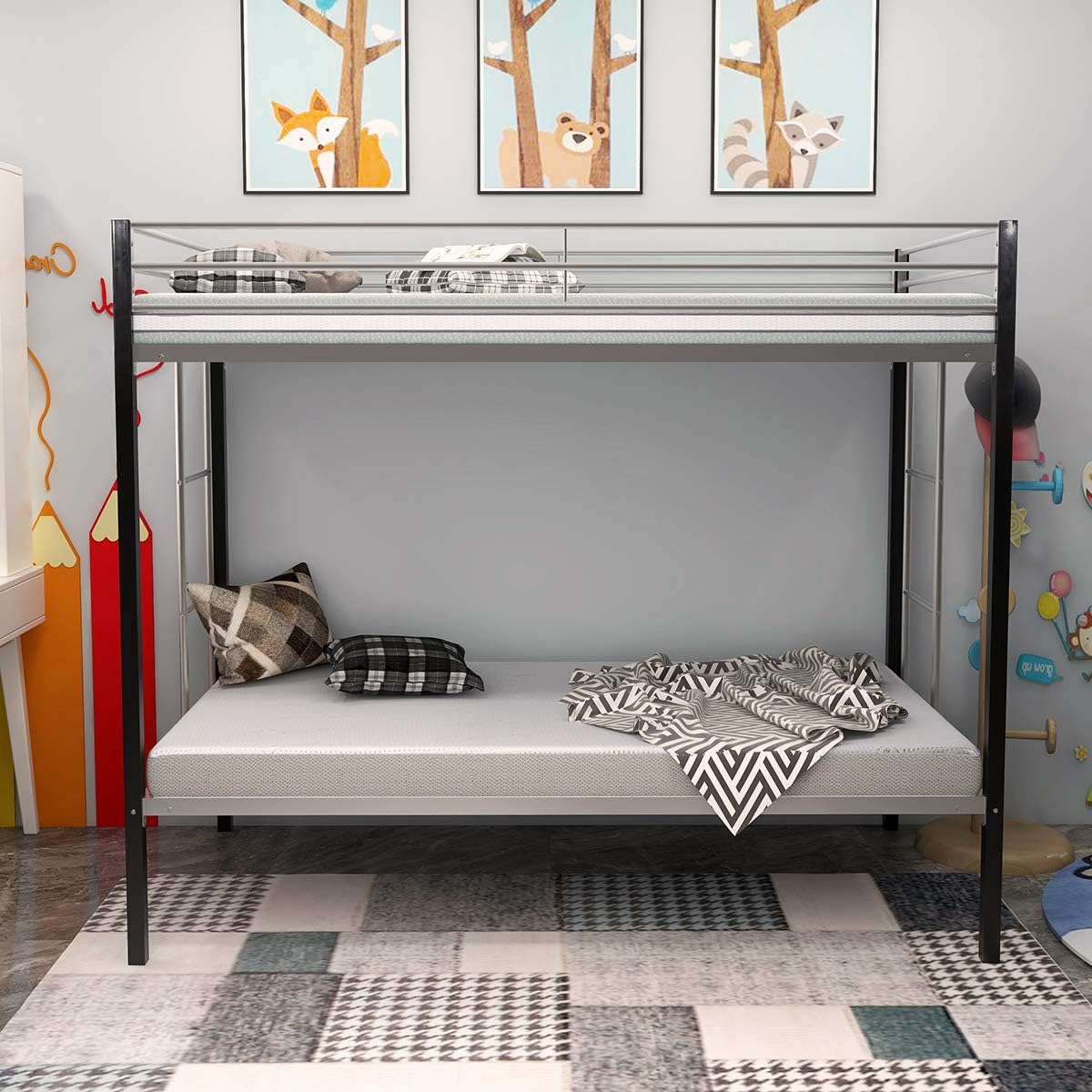 JURMERRY Bunk Bed Frame Twin Over Twin with Slat&Ladder Heavy Duty Metal Bed Frame ,Black