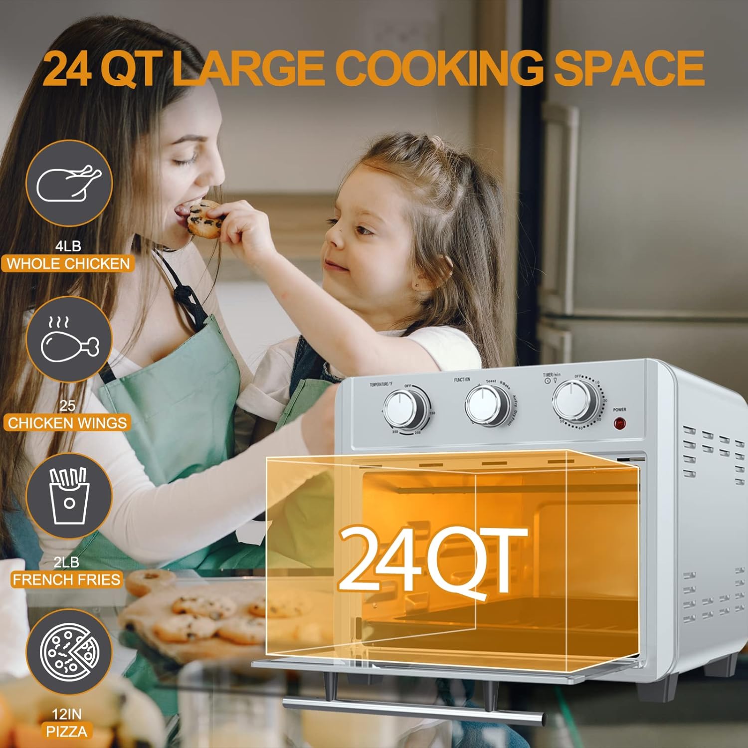 10-in-1 Air Fryer Oven Large Convection Toaster, SKANWEN 24 Quart Oilless Cooker Bake Broil Pizza Roast 6 Slice Toast, Stainless Steel Handle Rotisserie Dehydrate with Digital Timer 9 Accessories