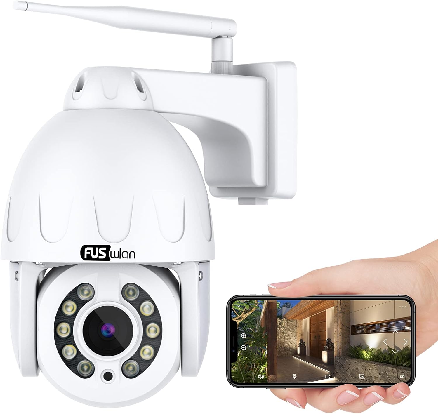 5MP PTZ Camera Outdoor, FUSWLAN 5X Optical Zoom Floodlight Camera, Pan WiFi Security IP Camera with Auto Tracking, Spotlight Color Night Vision,Humanoid Detection, Audio,SD Card Storage,Remote View