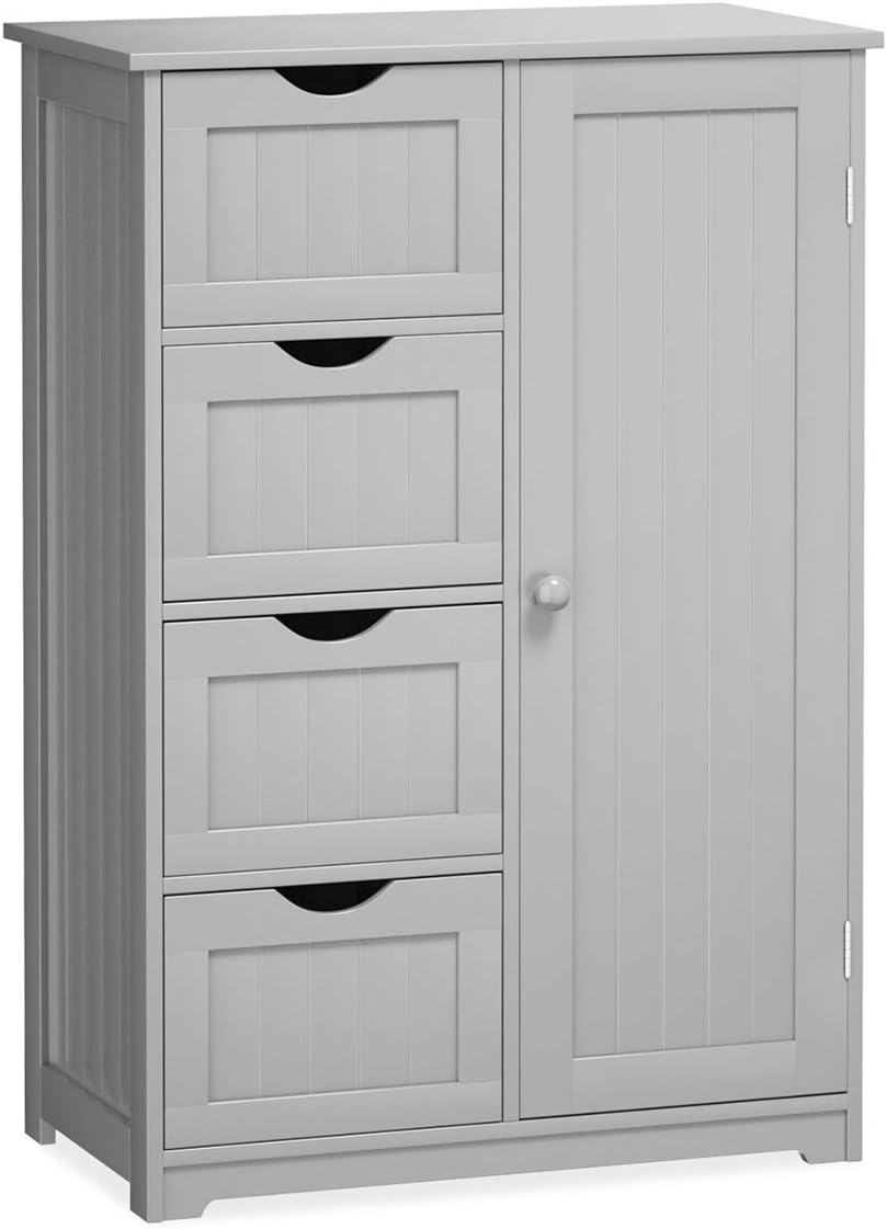 Giantex Bathroom Floor Cabinet Wooden with 1 Door & 4 Drawer, Free Standing Wooden Entryway Cupboard Spacesaver Storage Cabinet (Gray)
