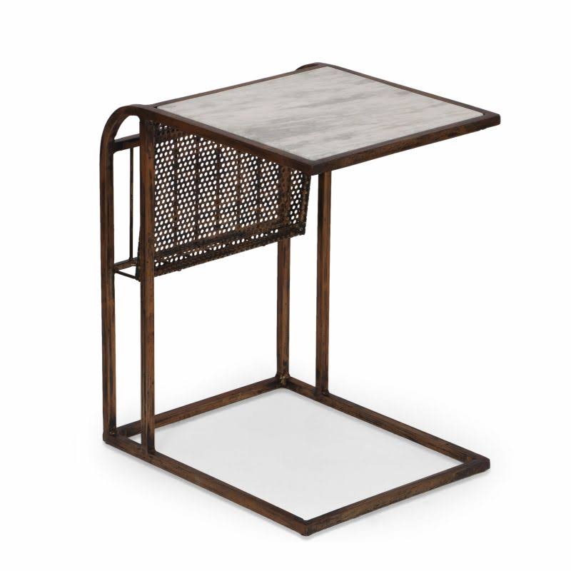 Noble House Condit Marble Top Handcrafted C-Shaped Side Table with Magazine Rack, Natural White and Antique Brass