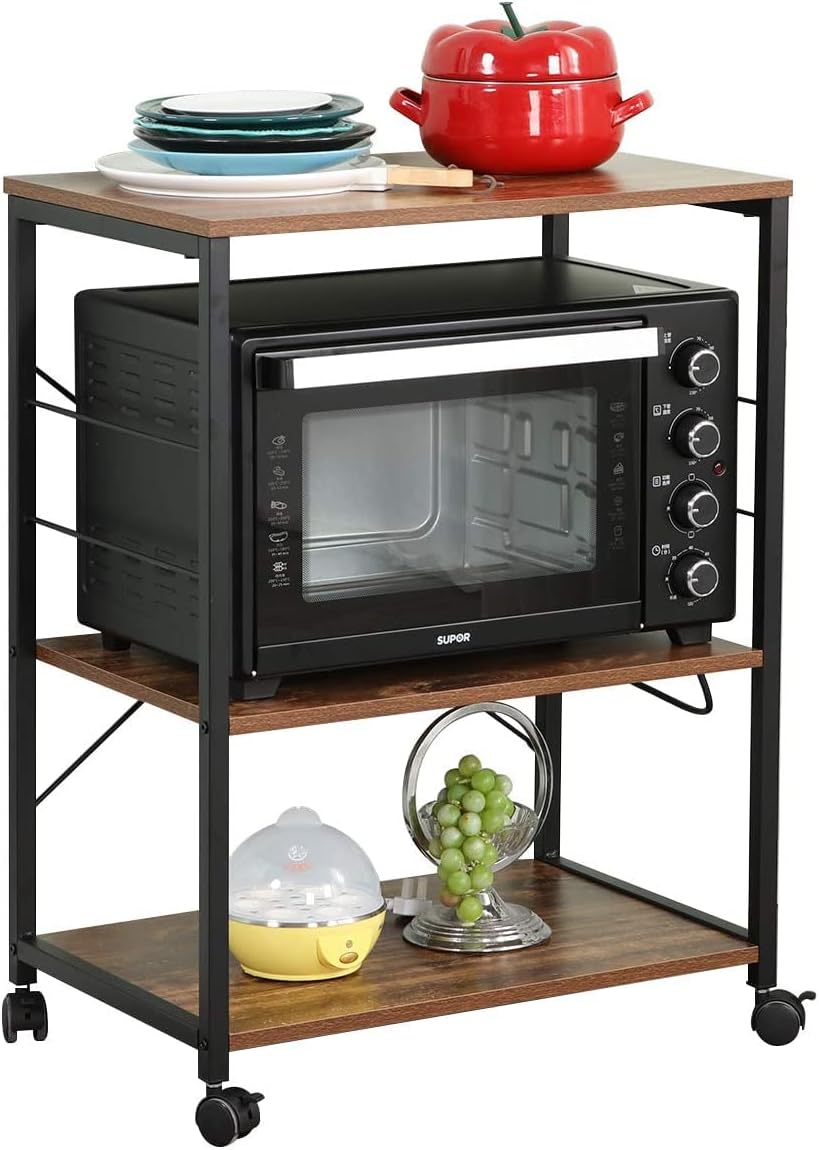 SogesHome Kitchen Microwave Cart with Wheel, Rolling Baker's Rack Cart Utility Storage Shelf, Microwave Cart Bar Cart for Spices, Pots, and Pans, Rustic Brown and Black Pack of 2