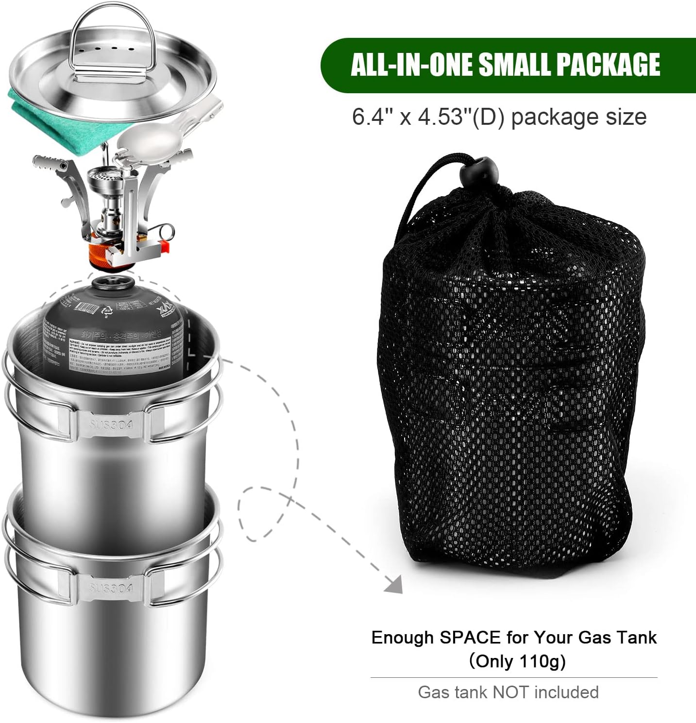 Odoland 7pcs Camping Cookware Mess Kit with Stainless Steel Pot, Cup, Spork, Folding Backpacking Stove, Tank Bracket and Mesh Bag, Camping Cooking Set for Outdoor Hiking Picnic Campfire