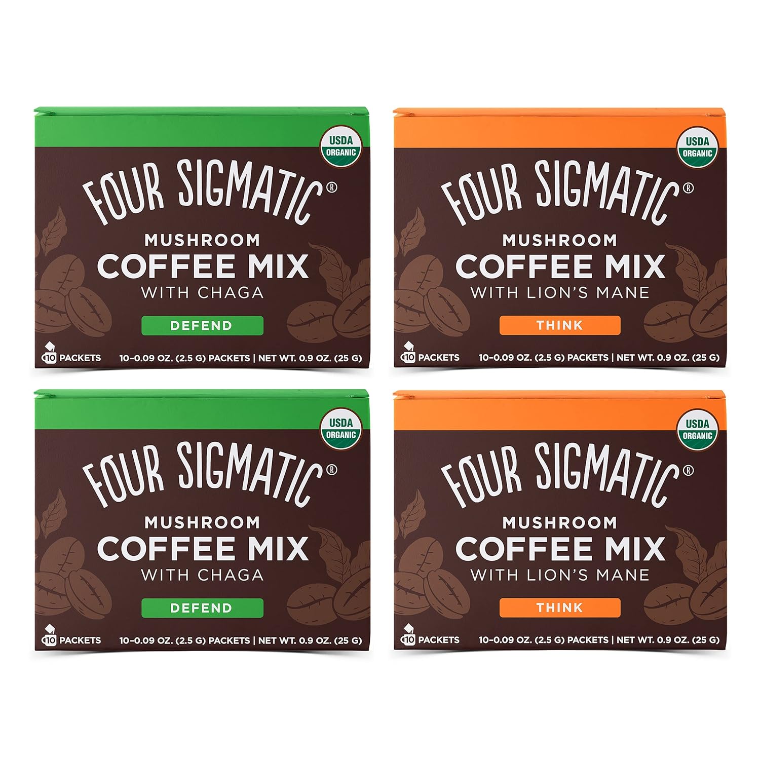 Four Sigmatic Mushroom Coffee Mix Pack of 4 - Lion's Mane and Chaga & Cordyceps and Chaga - 10 Packets Per Box Pack of 2