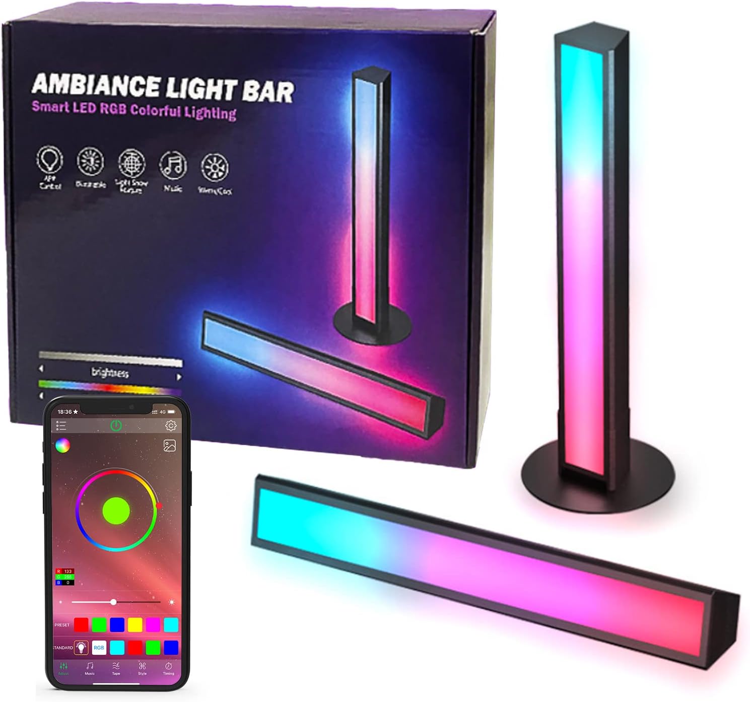 Smart LED Light Bars, RGB Light Bar with 256 Scene Modes and Music Modes, Bluetooth Color Light Bar for Ambiance Backlights, Gaming Lighting, Party, PC, TV, Room Decoration Pack of 2