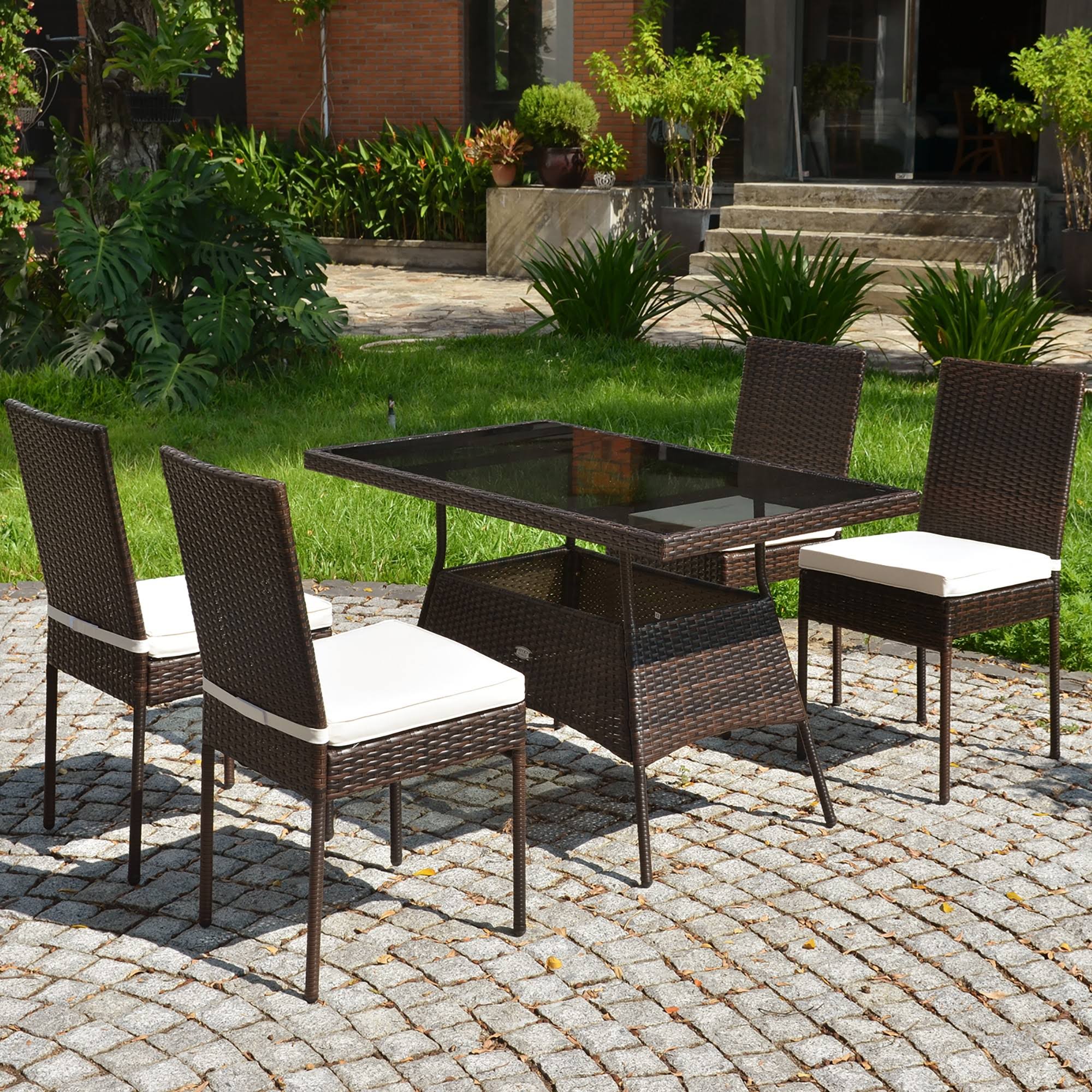 Costway 5 Piece Patio Rattan Dining Set Glass Table High Back Chair Garden Deck Mix Brown