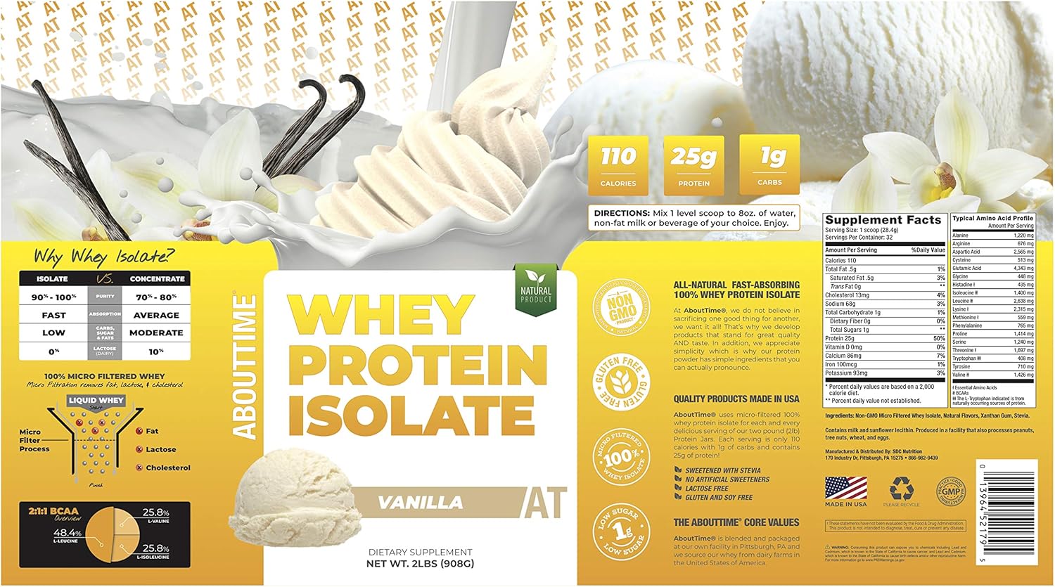 About Time Whey Isolate Protein, Non-GMO, All Natural, Lactose/Gluten Free, 24g of Protein Per Serving (Vanilla - 2 Pounds) Pack of 2