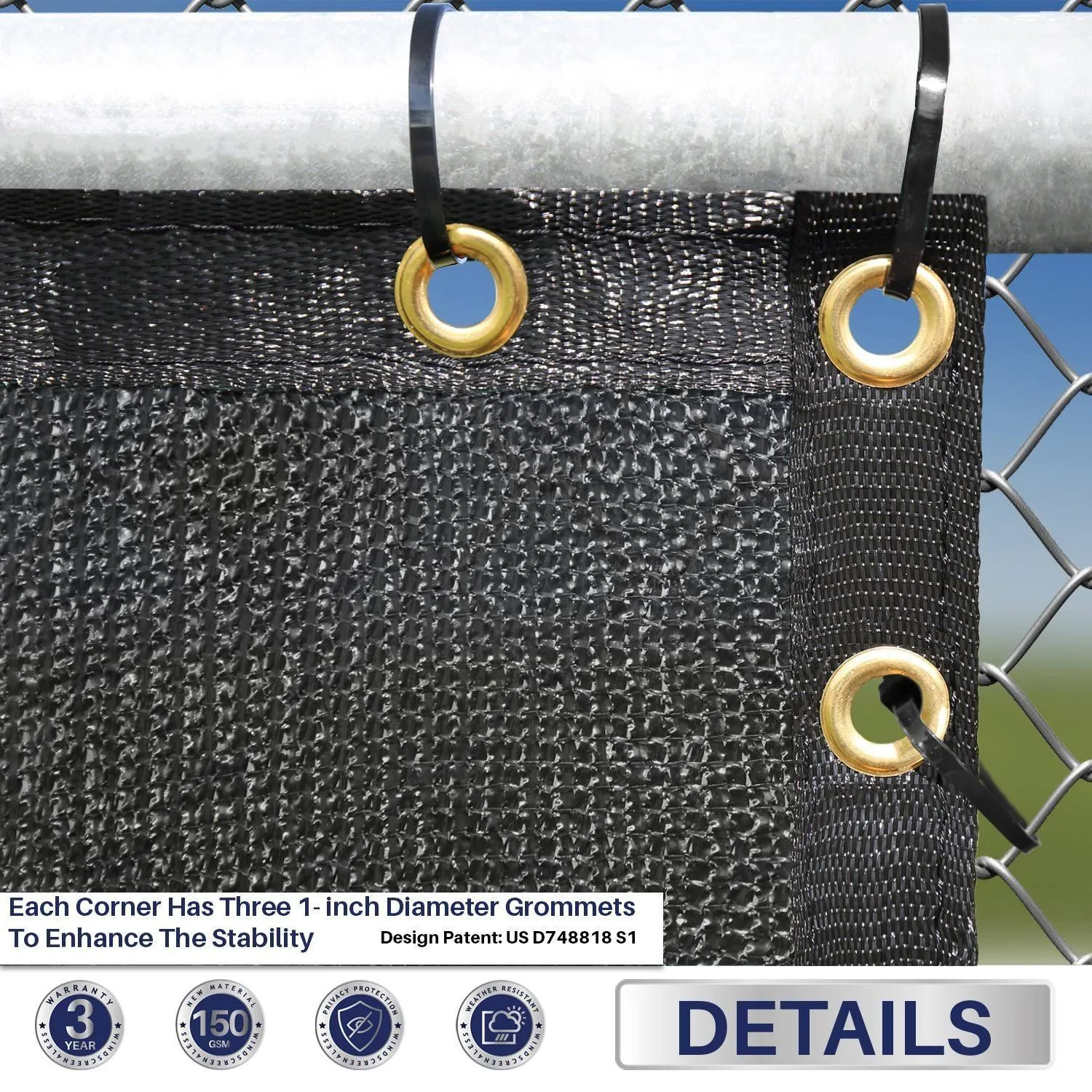 Windscreen4less Heavy Duty Privacy Screen Fence in Color Solid Black 6& x 50& Brass Grommets w/3-Year Warranty 150 GSM (Customiz