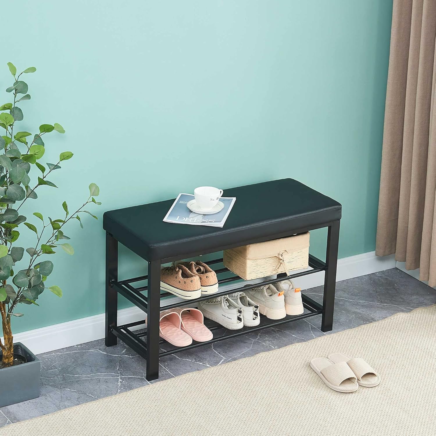 Shoe Bench Storage Bench 2-Tier with Cushion Seat Entryway Shoe Rack for Small Spaces, Entryway, Foyer, Hallway Brown