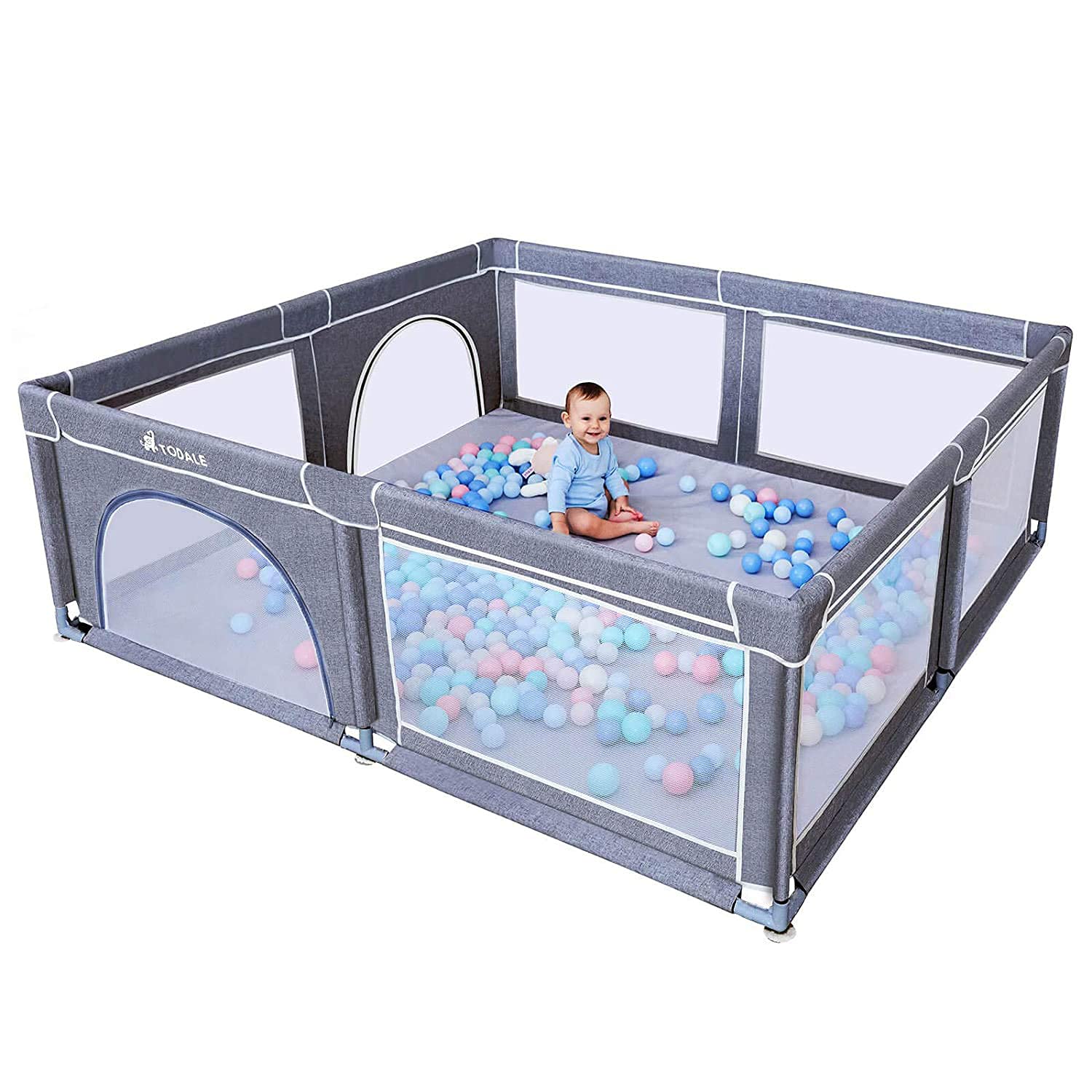 TODALE Playpens for Babies, Baby Playpen for Toddler, Extra Large Baby Playard, Infant Safety Activity Center, Sturdy Playpen with Anti-Slip Base,Tear-Resistant Material &Mesh (Grey 79&rdquo;&times;70&rdquo;)