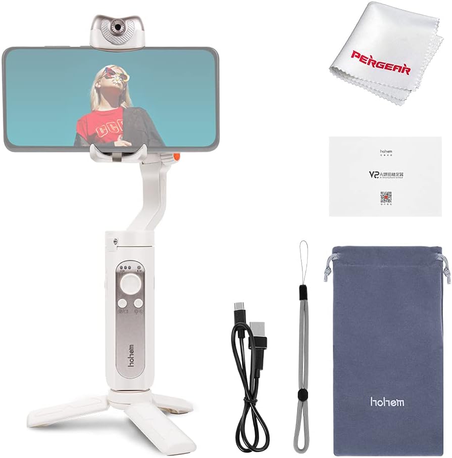 Hohem iSteady V2 3-Axis Gimbal Stabilizer with AI Tracking & Brightness Adjustable LED Video Light Gesture Control Ultralight & Foldable (White)