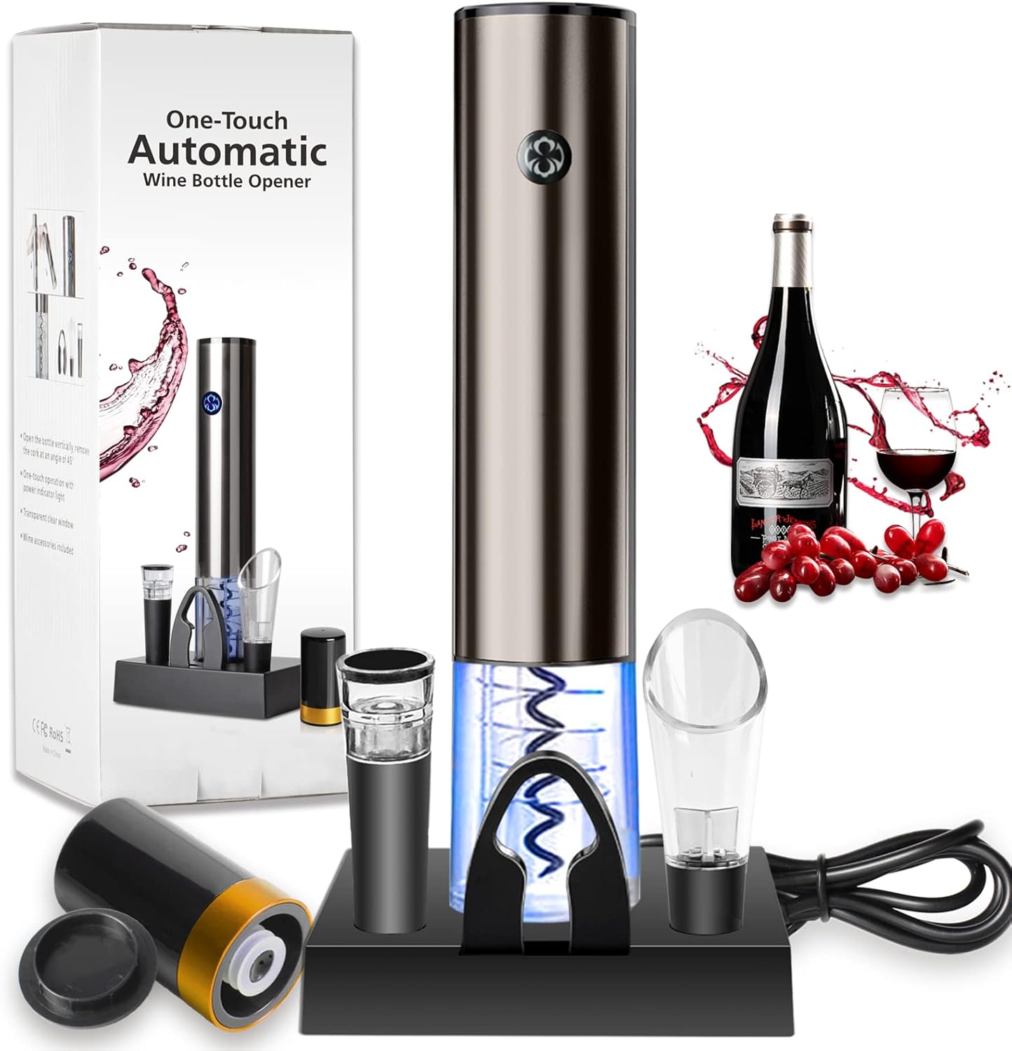 Electric Wine Opener, Rechargeable Automatic Bottle Corkscrew Opener Set with Foil Cutter and Vacuum Wine Stopper, Stainless Steel, Black Pack of 2