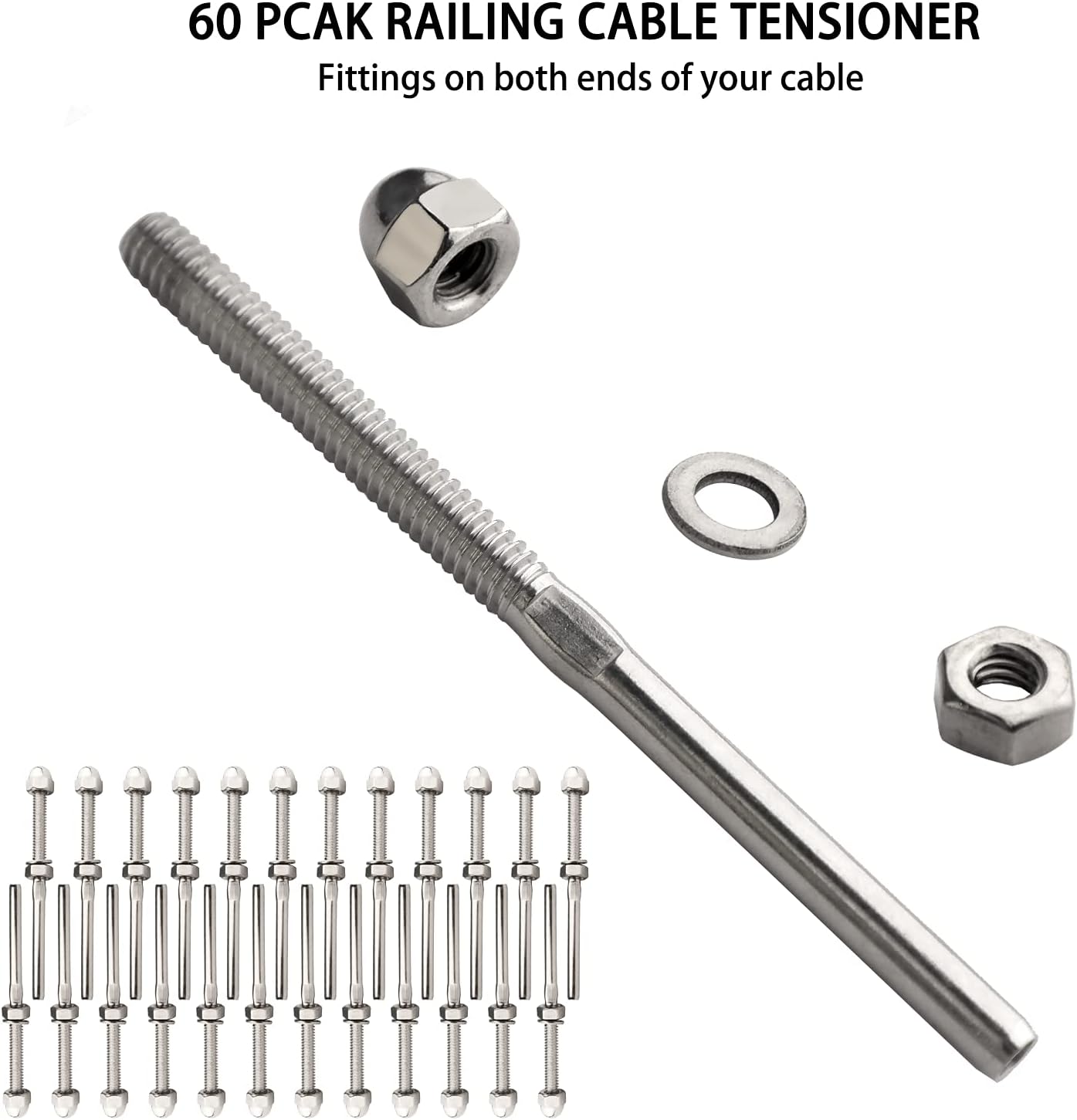 ATOLS 60 Pack T316 Stainless Steel Cable Railing Swage Threaded Stud Tension End Fitting Terminal for 1/8 Inch Cable Stair Deck Railing Wood & Metal Post Hardware System, T316 Marine Grade Pack of 2