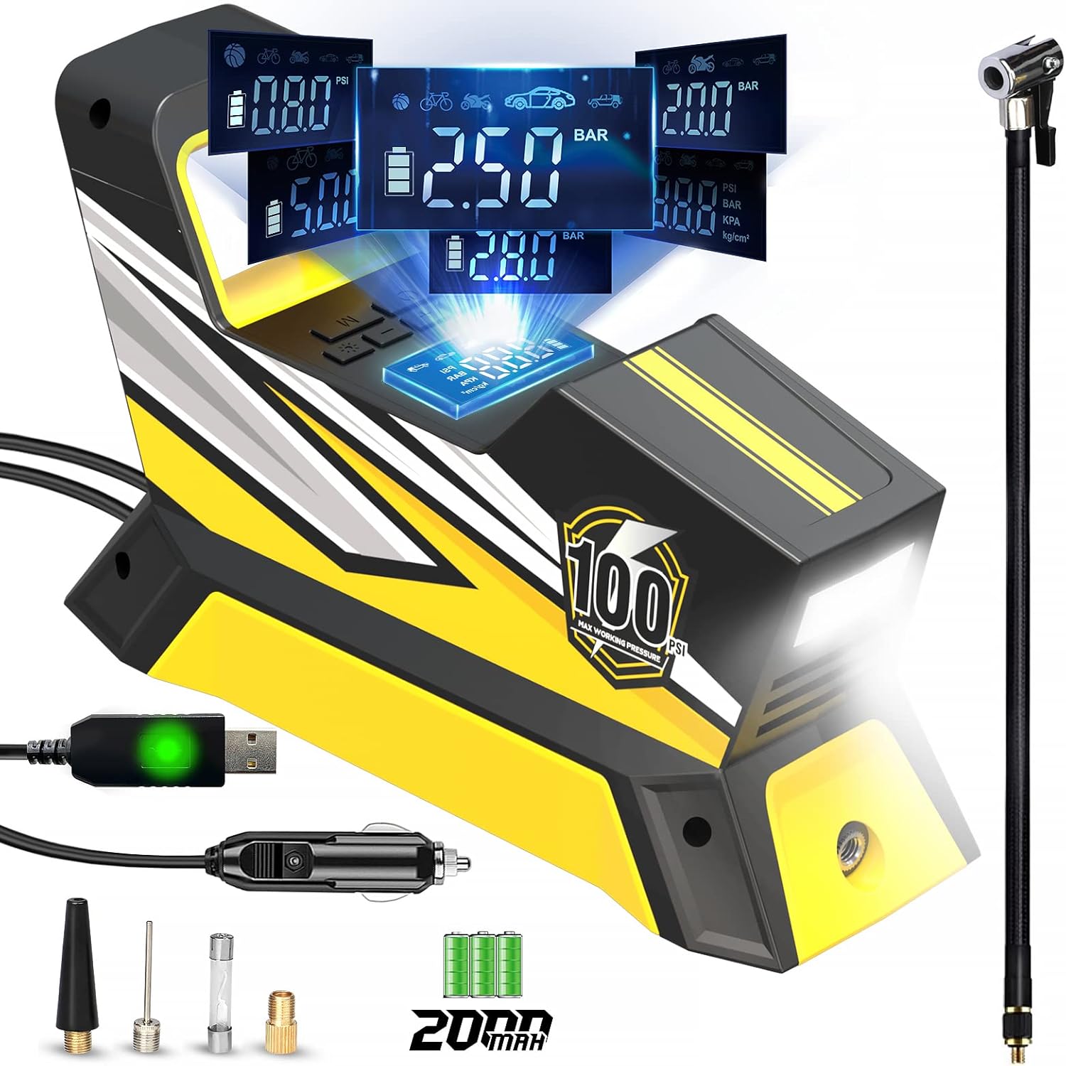 tEokEibEno Cordless Portable Air Compressor for Car Tires - Rechargeable Wireless Tire Inflator - Electric Battery Powered Air Pump for Tires Motorbicycle Bicycles Ball Pack of 2